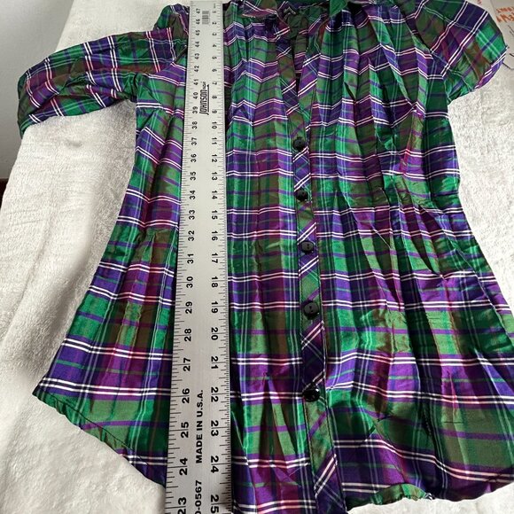 Beluva Sna Francisco Womens Green Purple Plaid Pleated Button-Down Shirt Small - Picture 7 of 7